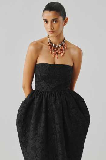 Aroka Black Jacquard Bandeau Neck Audrey Floral Dress Online at Aza Fashions Aroka_Black Jacquard Bandeau Neck Audrey Floral Dress _Online_at_Aza_Fashions