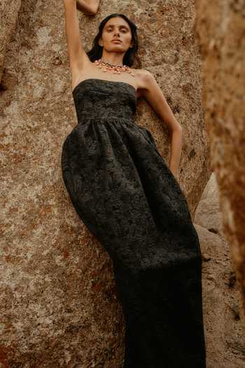 Aroka Black Jacquard Bandeau Neck Audrey Floral Dress at Aza Fashions Aroka_Black Jacquard Bandeau Neck Audrey Floral Dress _at_Aza_Fashions