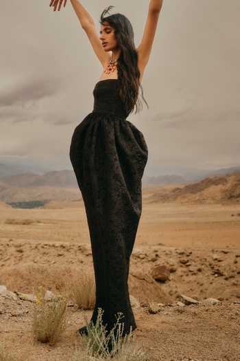 Shop Aroka Black Jacquard Bandeau Neck Audrey Floral Dress Shop_Aroka_Black Jacquard Bandeau Neck Audrey Floral Dress