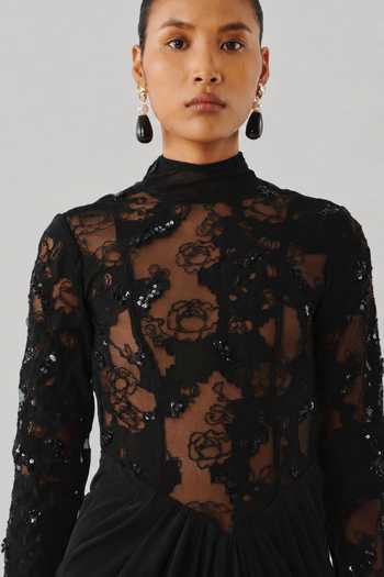 Aroka Black Silk, Crepe, Chiffon High Neck Zoya Embroidered Dress at Aza Fashions Aroka_Black Silk, Crepe, Chiffon High Neck Zoya Embroidered Dress _at_Aza_Fashions