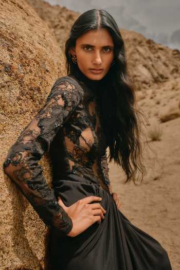 Shop Aroka Black Silk, Crepe, Chiffon High Neck Zoya Embroidered Dress Shop_Aroka_Black Silk, Crepe, Chiffon High Neck Zoya Embroidered Dress