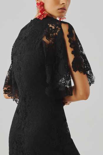 Shop Aroka Black Satin, Modal, Lace V-neck Orchid Dress Online at Aza Fashions Shop_Aroka_Black Satin, Modal, Lace V-neck Orchid Dress _Online_at_Aza_Fashions
