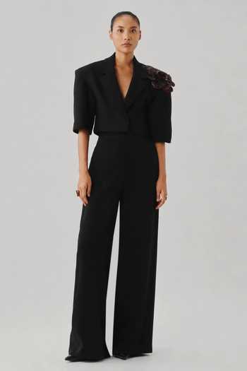 Aroka Black Crepe V-neck Zia Cropped Jacket Online at Aza Fashions Aroka_Black Crepe V-neck Zia Cropped Jacket _Online_at_Aza_Fashions