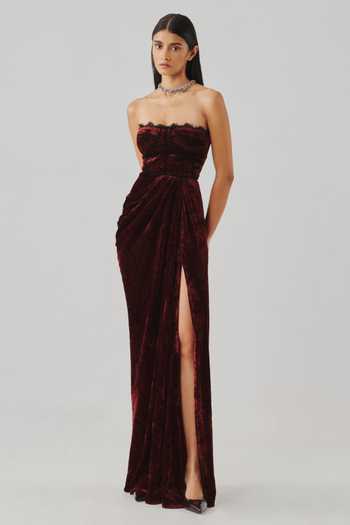 Aroka_Maroon Velvet, Lace Bandeau Neck Charlotte Ajrakh Dress _Online_at_Aza_Fashions
