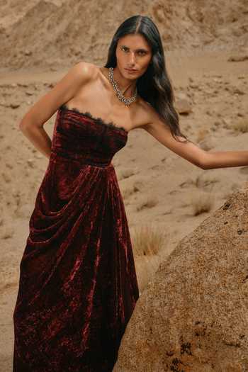 Shop_Aroka_Maroon Velvet, Lace Bandeau Neck Charlotte Ajrakh Dress _Online_at_Aza_Fashions