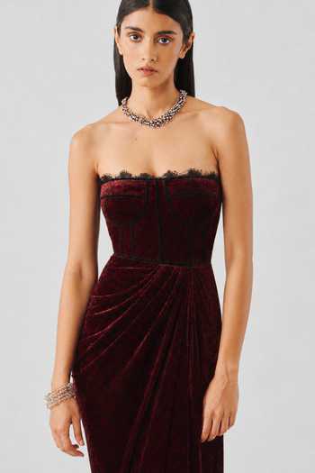 Aroka_Maroon Velvet, Lace Bandeau Neck Charlotte Ajrakh Dress _at_Aza_Fashions