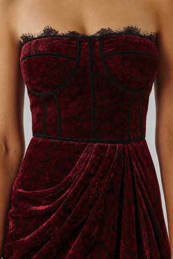 Buy_Aroka_Maroon Velvet, Lace Bandeau Neck Charlotte Ajrakh Dress 