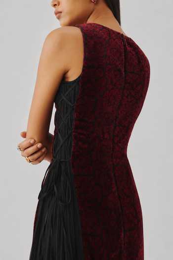 Aroka Maroon Chiffon, Velvet Boat Neck Black Cherry Printed Dress Online at Aza Fashions Aroka_Maroon Chiffon, Velvet Boat Neck Black Cherry Printed Dress _Online_at_Aza_Fashions