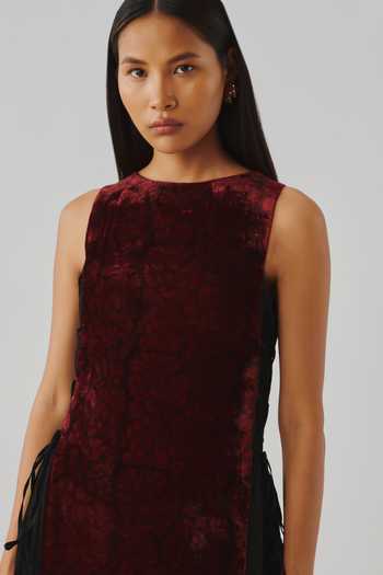 Aroka Maroon Chiffon, Velvet Boat Neck Black Cherry Printed Dress at Aza Fashions Aroka_Maroon Chiffon, Velvet Boat Neck Black Cherry Printed Dress _at_Aza_Fashions