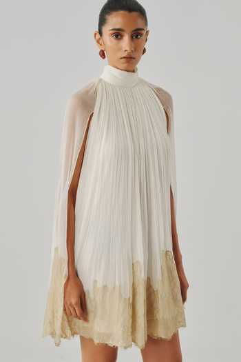 Aroka Ivory Chiffon, Lace, Chantilly High Neck Diana Ruched Dress Online at Aza Fashions Aroka_Ivory Chiffon, Lace, Chantilly High Neck Diana Ruched Dress _Online_at_Aza_Fashions