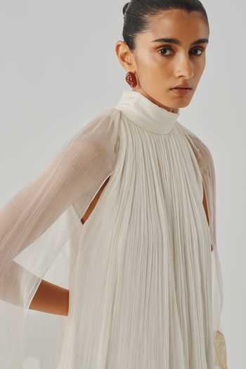 Shop Aroka Ivory Chiffon, Lace, Chantilly High Neck Diana Ruched Dress Online at Aza Fashions Shop_Aroka_Ivory Chiffon, Lace, Chantilly High Neck Diana Ruched Dress _Online_at_Aza_Fashions