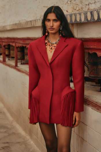 Aroka_Red Crepe Carmine Structured Blazer _at_Aza_Fashions