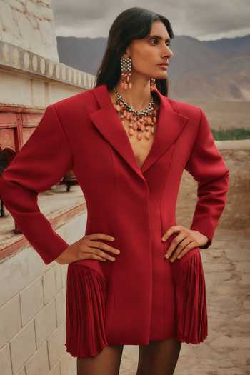 Buy_Aroka_Red Crepe Carmine Structured Blazer 
