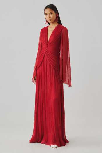 Aroka_Red Satin, Chiffon, Modal V-neck Ada Ruched Dress _Online_at_Aza_Fashions