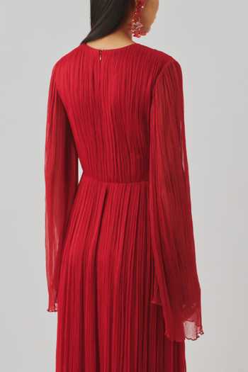 Buy_Aroka_Red Satin, Chiffon, Modal V-neck Ada Ruched Dress _Online_at_Aza_Fashions