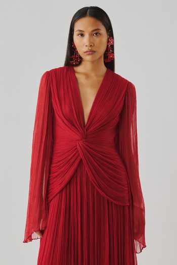 Shop_Aroka_Red Satin, Chiffon, Modal V-neck Ada Ruched Dress _Online_at_Aza_Fashions