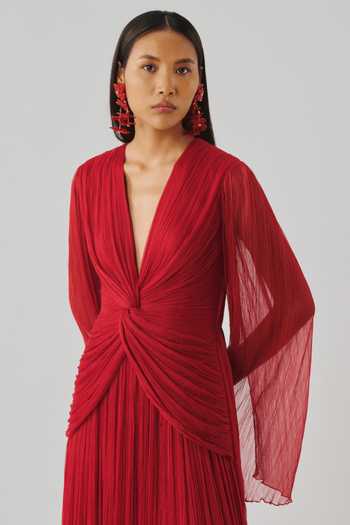 Aroka_Red Satin, Chiffon, Modal V-neck Ada Ruched Dress _at_Aza_Fashions