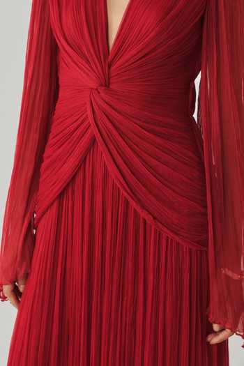 Buy_Aroka_Red Satin, Chiffon, Modal V-neck Ada Ruched Dress 