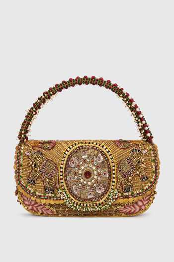 Buy_Doux Amour_Gold Gajah Flapover Clutch _Online_at_Aza_Fashions