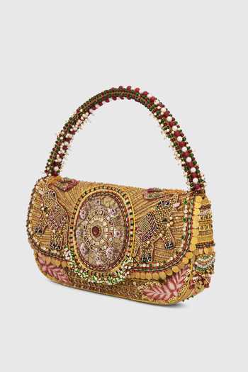 Shop_Doux Amour_Gold Gajah Flapover Clutch _Online_at_Aza_Fashions