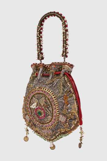 Buy_Doux Amour_Silver Embroidery, Beads, Pearls, Stones Kamla Embellished Potli _Online_at_Aza_Fashions