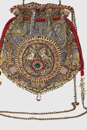 Shop_Doux Amour_Silver Embroidery, Beads, Pearls, Stones Kamla Embellished Potli _Online_at_Aza_Fashions