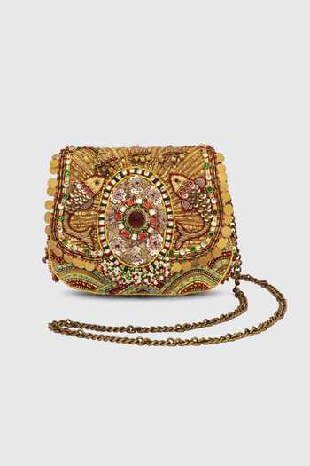 Buy_Doux Amour_Gold Matsya Mini Flapover Clutch _Online_at_Aza_Fashions