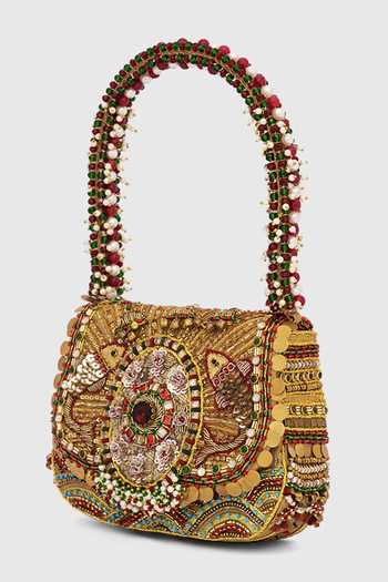 Shop_Doux Amour_Gold Matsya Mini Flapover Clutch _Online_at_Aza_Fashions
