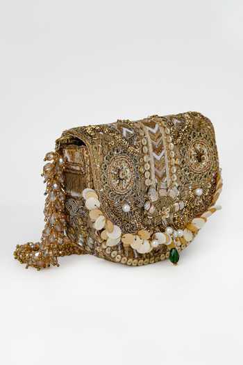 Doux Amour_Gold Rangrez Embellished Flapover Clutch _Online_at_Aza_Fashions