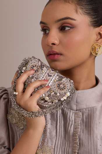 Doux Amour_Silver Rangrez Embellished Flapover Clutch _Online_at_Aza_Fashions