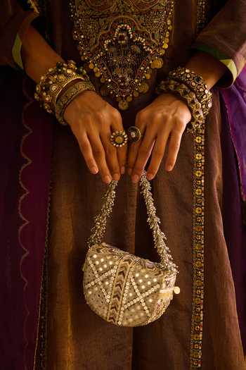 Buy_Doux Amour_Silver Rangrez Embellished Flapover Clutch _Online_at_Aza_Fashions