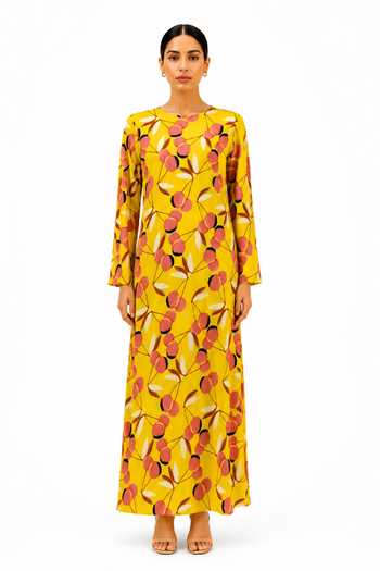 Label Ivish Yellow Silk, Crepe Round Neck Botanical Print Dress Online at Aza Fashions Label Ivish_Yellow Silk, Crepe Round Neck Botanical Print Dress _Online_at_Aza_Fashions