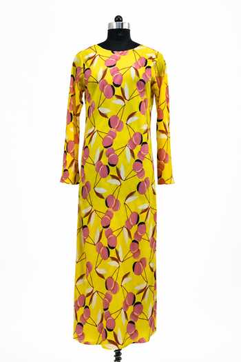 Buy Label Ivish Yellow Silk, Crepe Round Neck Botanical Print Dress Online at Aza Fashions Buy_Label Ivish_Yellow Silk, Crepe Round Neck Botanical Print Dress _Online_at_Aza_Fashions