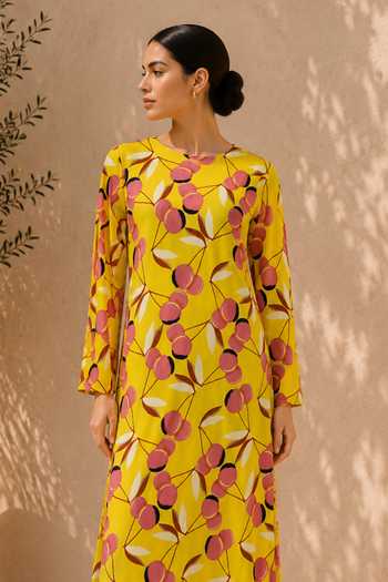 Shop Label Ivish Yellow Silk, Crepe Round Neck Botanical Print Dress Online at Aza Fashions Shop_Label Ivish_Yellow Silk, Crepe Round Neck Botanical Print Dress _Online_at_Aza_Fashions