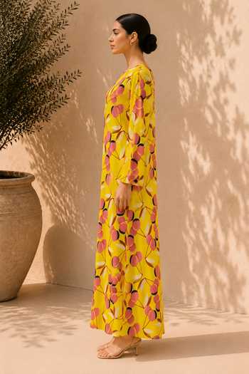 Label Ivish Yellow Silk, Crepe Round Neck Botanical Print Dress at Aza Fashions Label Ivish_Yellow Silk, Crepe Round Neck Botanical Print Dress _at_Aza_Fashions