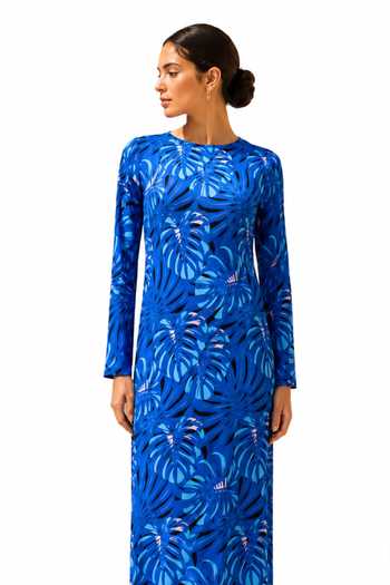 Label Ivish_Blue Silk, Crepe Round Neck Botanical Print Maxi Dress _Online_at_Aza_Fashions