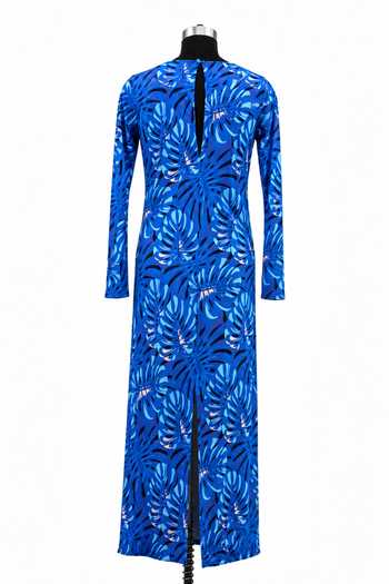 Buy_Label Ivish_Blue Silk, Crepe Round Neck Botanical Print Maxi Dress _Online_at_Aza_Fashions