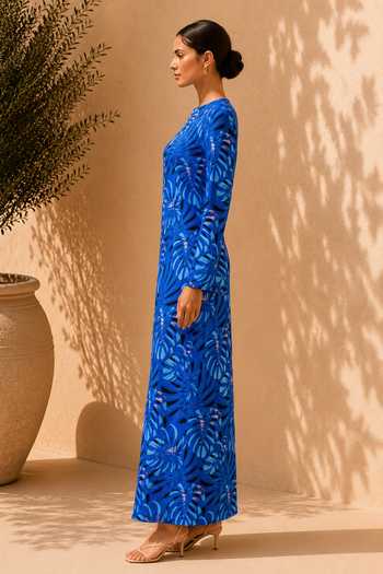Shop_Label Ivish_Blue Silk, Crepe Round Neck Botanical Print Maxi Dress _Online_at_Aza_Fashions