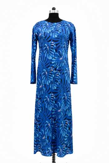 Label Ivish_Blue Silk, Crepe Round Neck Botanical Print Maxi Dress _at_Aza_Fashions