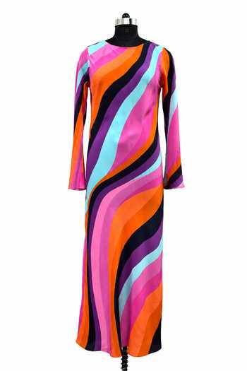 Shop_Label Ivish_Multi Color Silk, Crepe Round Neck Abstract Print Dress _Online_at_Aza_Fashions