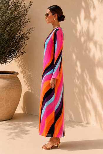 Label Ivish_Multi Color Silk, Crepe Round Neck Abstract Print Dress _at_Aza_Fashions