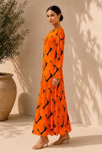 Shop Label Ivish Orange Silk, Crepe Round Neck Abstract Pattern Dress Online at Aza Fashions Shop_Label Ivish_Orange Silk, Crepe Round Neck Abstract Pattern Dress _Online_at_Aza_Fashions