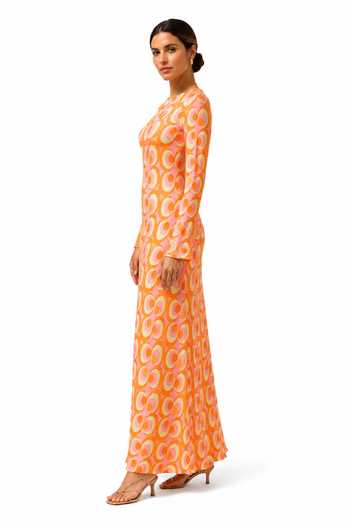 Label Ivish Orange Silk, Crepe Round Neck Geometric Print Dress Online at Aza Fashions Label Ivish_Orange Silk, Crepe Round Neck Geometric Print Dress _Online_at_Aza_Fashions