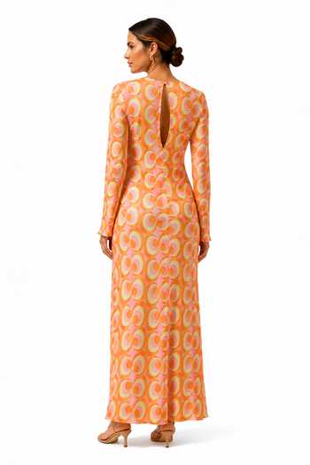 Shop Label Ivish Orange Silk, Crepe Round Neck Geometric Print Dress Online at Aza Fashions Shop_Label Ivish_Orange Silk, Crepe Round Neck Geometric Print Dress _Online_at_Aza_Fashions