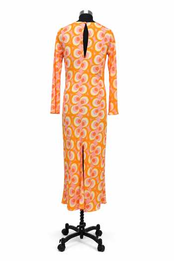 Label Ivish Orange Silk, Crepe Round Neck Geometric Print Dress at Aza Fashions Label Ivish_Orange Silk, Crepe Round Neck Geometric Print Dress _at_Aza_Fashions