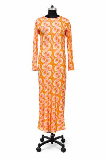 Buy Label Ivish Orange Silk, Crepe Round Neck Geometric Print Dress Buy_Label Ivish_Orange Silk, Crepe Round Neck Geometric Print Dress