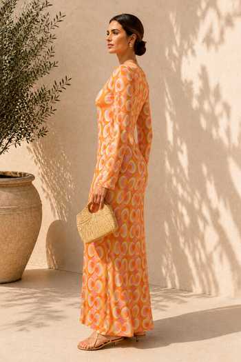 Shop Label Ivish Orange Silk, Crepe Round Neck Geometric Print Dress Shop_Label Ivish_Orange Silk, Crepe Round Neck Geometric Print Dress