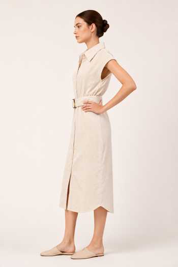 Label Ivish Beige Cotton Collared Neck Dress With Belt Online at Aza Fashions Label Ivish_Beige Cotton Collared Neck Dress With Belt _Online_at_Aza_Fashions