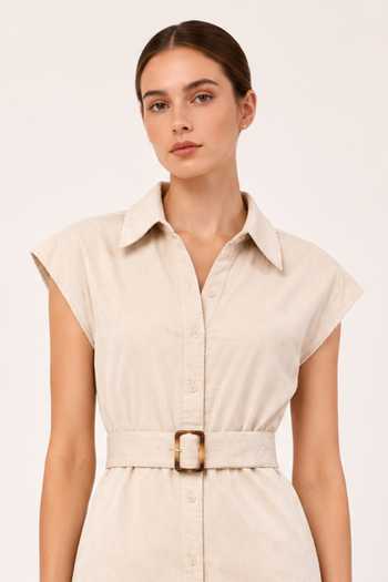 Buy Label Ivish Beige Cotton Collared Neck Dress With Belt Online at Aza Fashions Buy_Label Ivish_Beige Cotton Collared Neck Dress With Belt _Online_at_Aza_Fashions