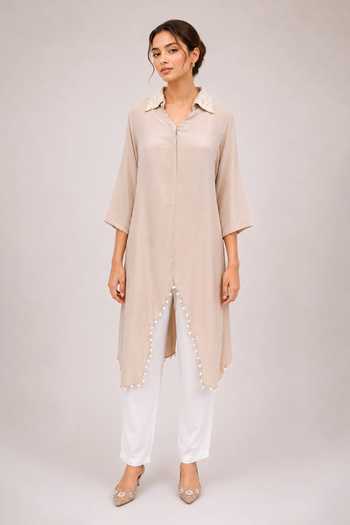 Label Ivish_Beige Crepe, Modal Collared Neck Embellished Longline Shirt And Pant Set _Online_at_Aza_Fashions